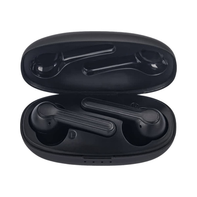 Black Leeds TWS earbuds in a charging case, featuring a sleek design and compact storage.