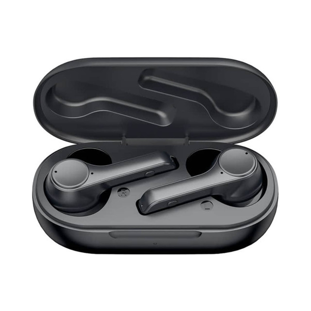 Active noise cancelling TWS earbuds in a black charging case, featuring a sleek design and a compact shape.