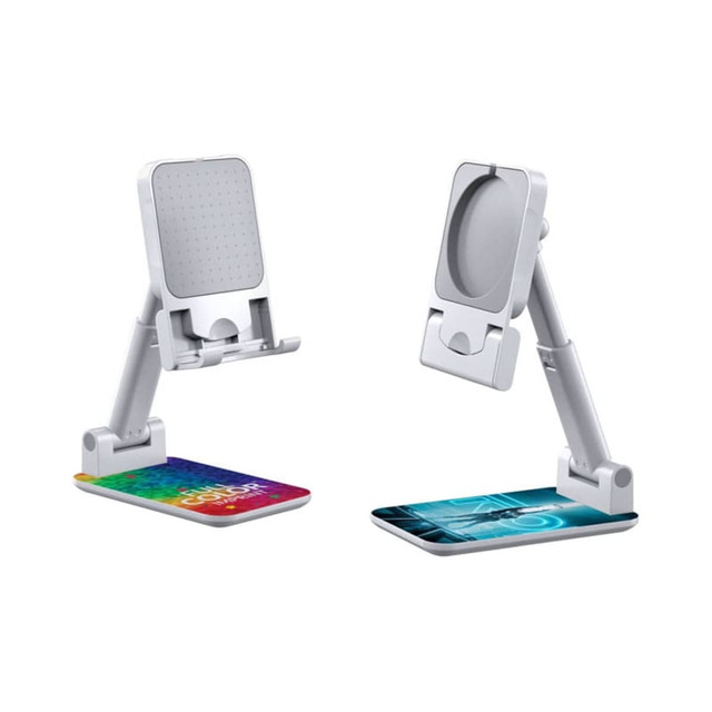 A foldable phone stand in white, featuring adjustable angles and a sleek design. Includes a logo on the base.