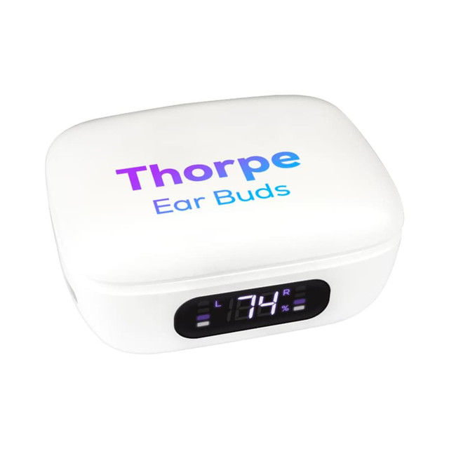 A white charging case for Thorpe TWS Earbuds with an LED display and branding.