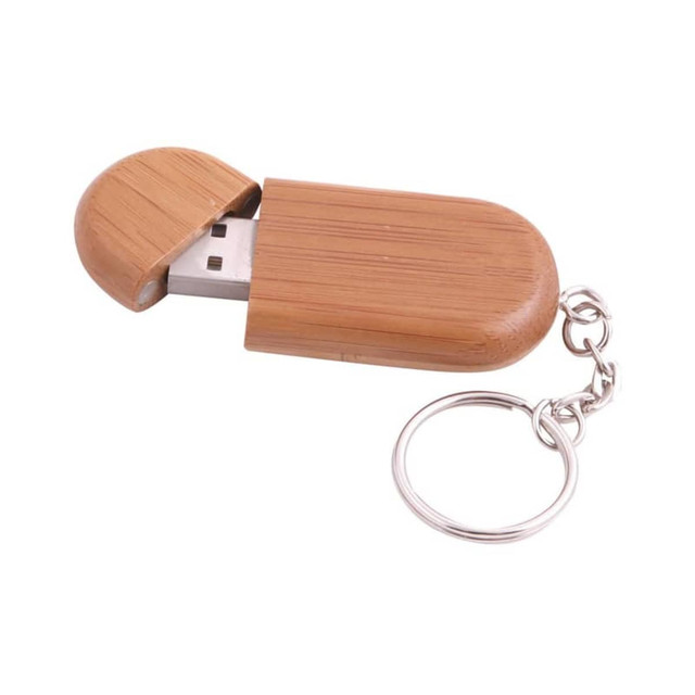 A bamboo flash drive with a rounded cap, featuring a silver keychain attachment.