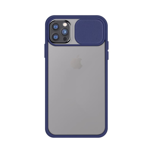 A navy blue iPhone case featuring a textured section and a logo, designed for protection and style.