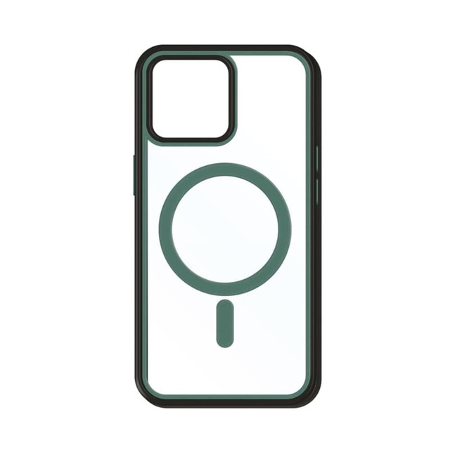 A green and clear MagSafe iPhone case featuring a circular design, with a black border.
