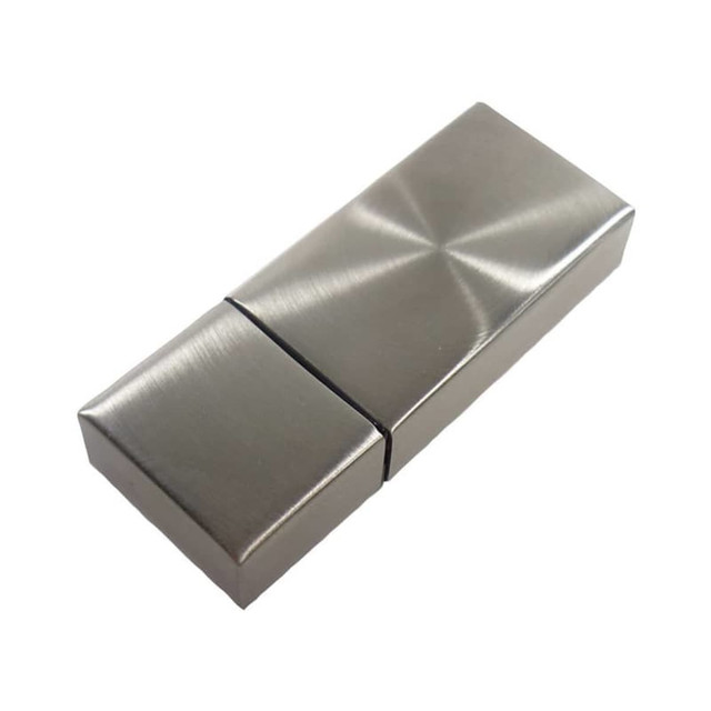 A metallic flash drive in a sleek, rectangular design with a brushed finish and a logo.