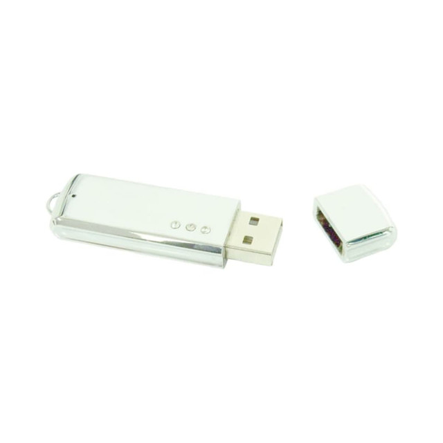 A silver flash drive with a removable cap, featuring three indicator lights. It has a sleek, shiny design.