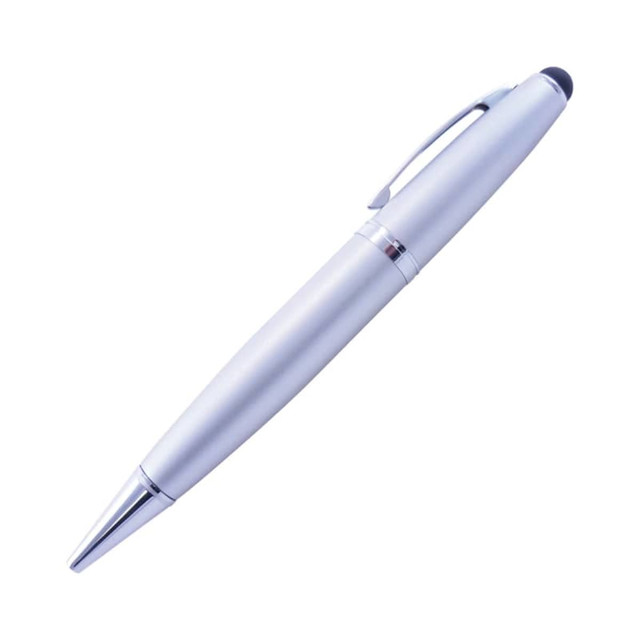 A silver stylus USB pen with a sleek design and a shiny clip, featuring a black tip for touch screens.