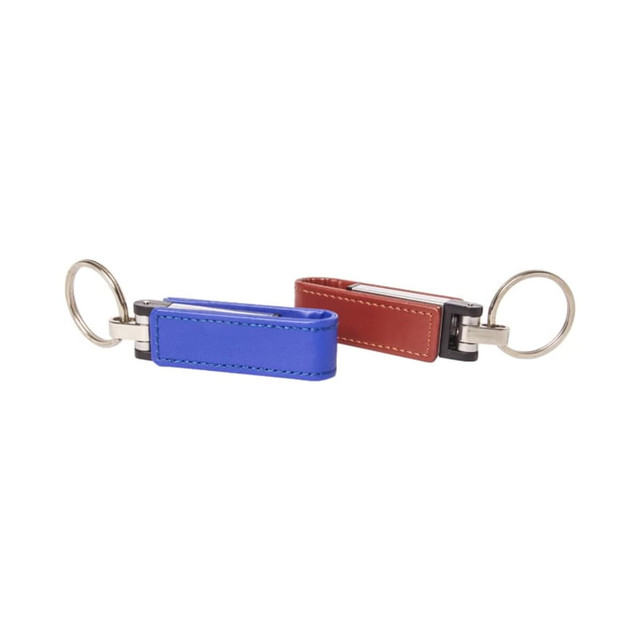 Two flash drives with PU wrap, one blue and one red, both with metal keyring attachments.