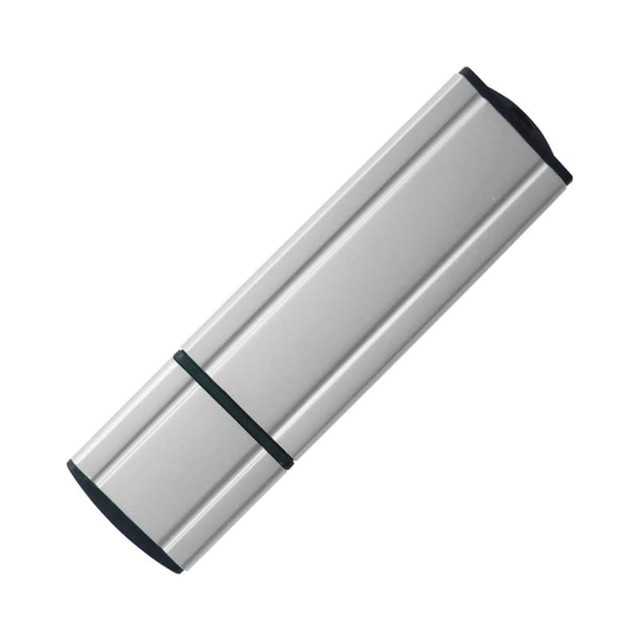 A silver flash drive with a black end, featuring a sleek, rectangular design and a logo.
