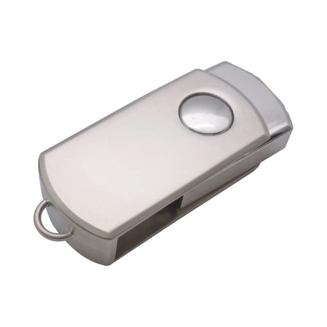 A silver swivel flash drive with a rounded top and a circular indentation, featuring a logo.