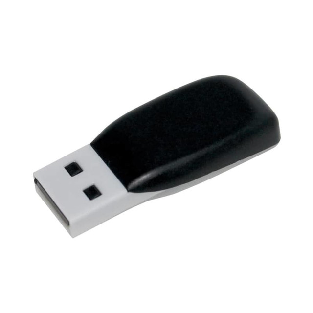 A black and white flash drive with a smooth, curved design and a USB connector. It features a logo.