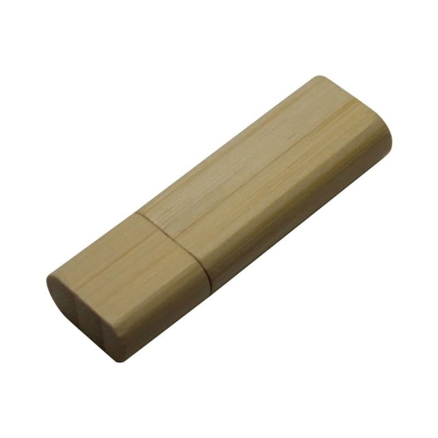 A bamboo flash drive with a smooth, natural finish and rounded edges. It features a logo branding.