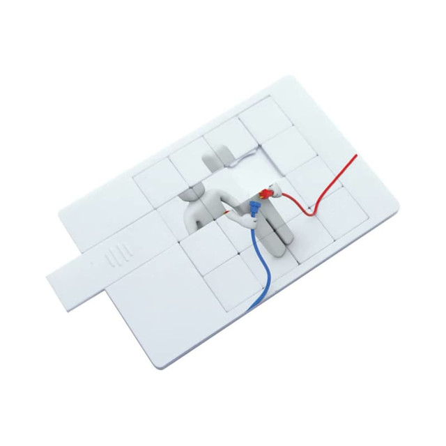 A white puzzle credit card flash drive with red and blue connectors on a puzzle piece design. It includes a logo.