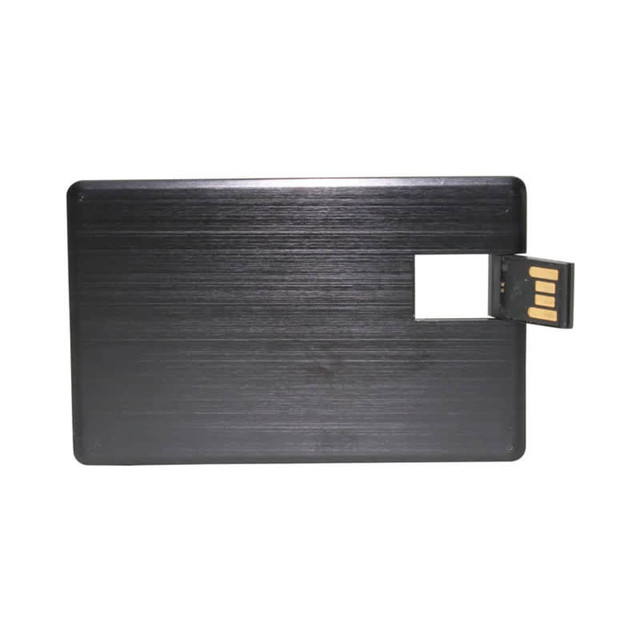 A sleek black credit card-sized flash drive with a brushed metal finish and a retractable USB connector.
