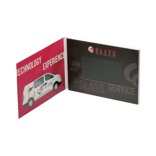 A promotional video catalogue with a black screen and a pink interior, featuring a logo and an image of a van.