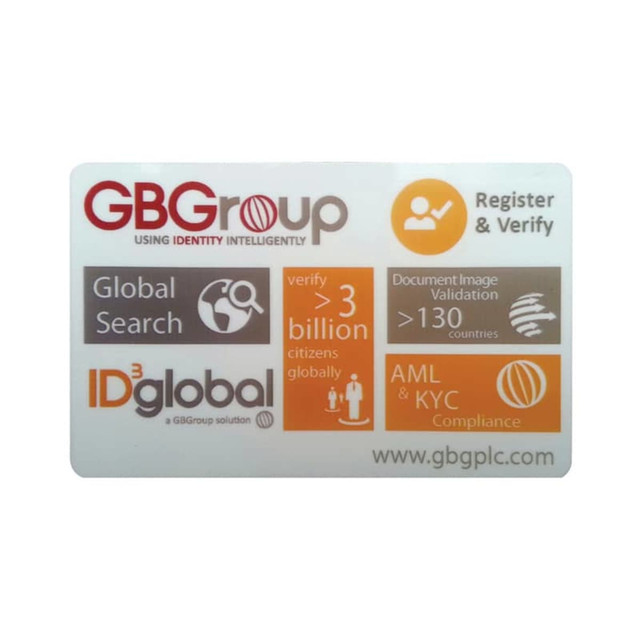 An RFID card shield featuring a white background with multi-coloured branding and text related to identification and verification.