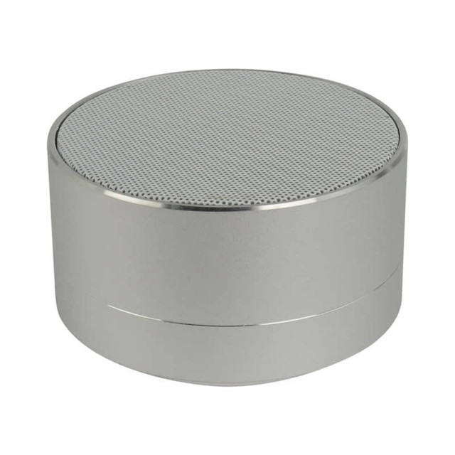 A silver Bluetooth speaker with a round design and a mesh top surface, featuring a sleek metallic finish.