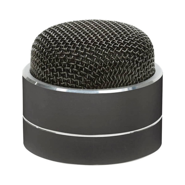 A round, sleek black Bluetooth speaker with a mesh top and metallic base, featuring a branding logo.