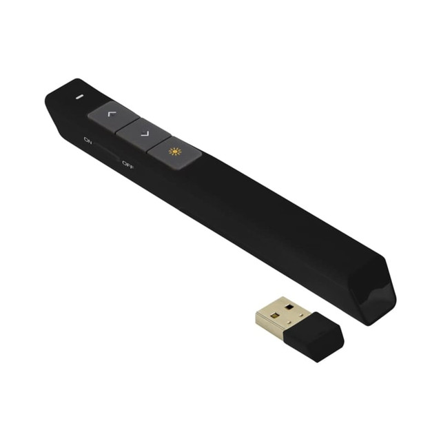 A black PowerPoint presenter with buttons and a small USB receiver.