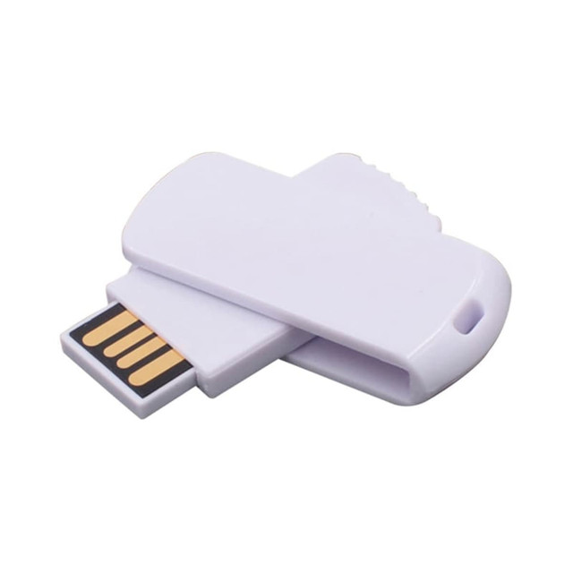 A purple flash drive with a sliding mechanism and a logo on the surface.