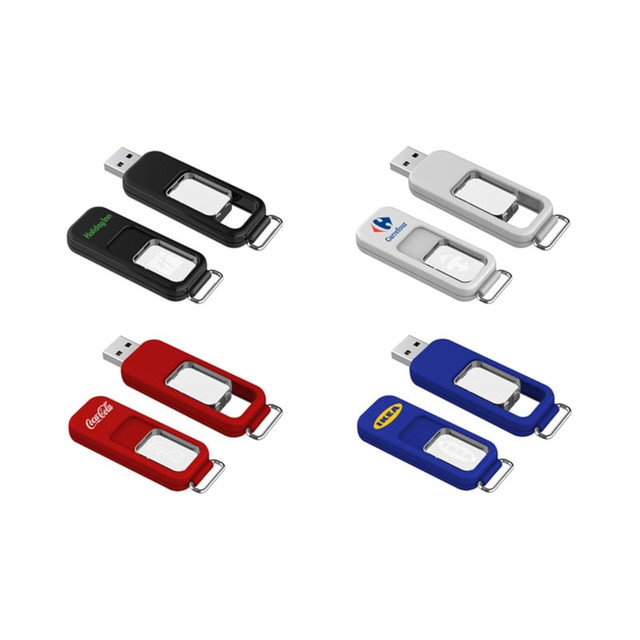 A collection of flash drives in red, black, blue, and white, featuring various logos and a retractable design.