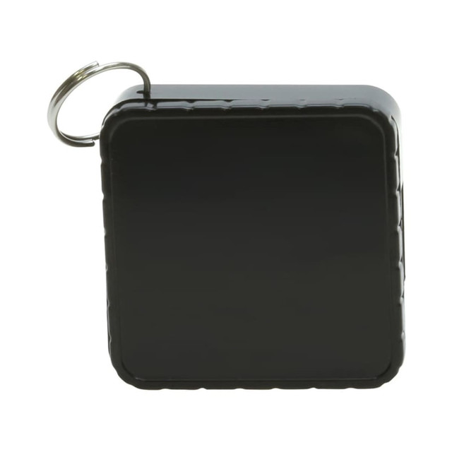 A square black flash drive featuring a metal loop attachment for convenience.
