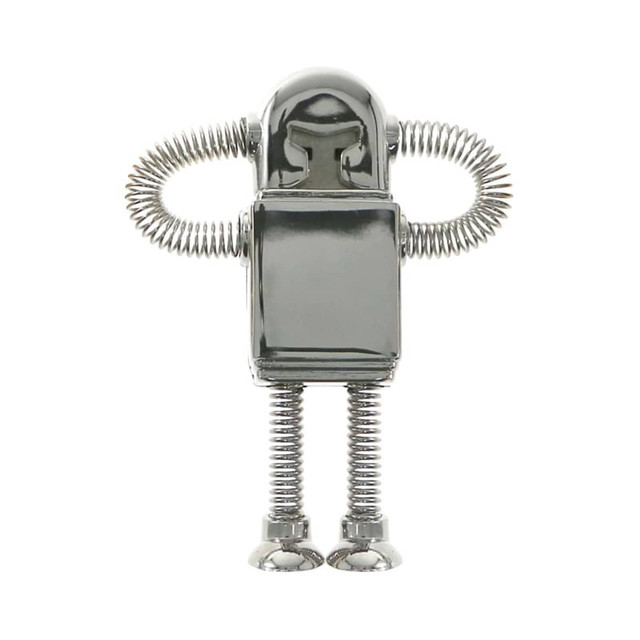 A metallic robot-shaped flash drive with a glossy finish and coiled metal arms and legs.