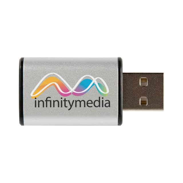 A silver USB data blocker with a black trim and a logo on the side.