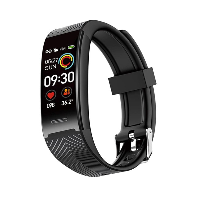 A black smart band featuring a rectangular display with various icons and a textured strap. It has a logo.