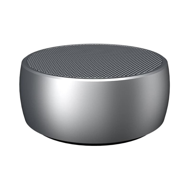 A round, silver wireless speaker with a mesh top, featuring a sleek and modern design.