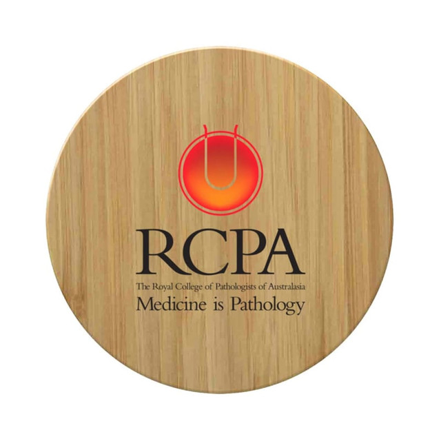 A round bamboo charger featuring a logo, designed as a wireless fast charger for phones.