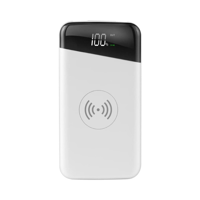 A white Marlow Wireless Power Bank with a capacity of 10,000 mAh and a display for battery level, featuring a logo.