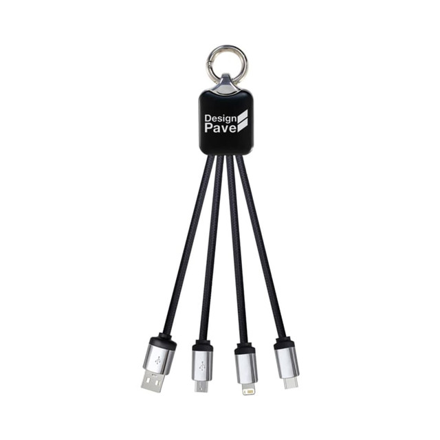 A black charging cable with multiple connectors attached to a keyring. It includes USB, Lightning, and Micro USB connectors.