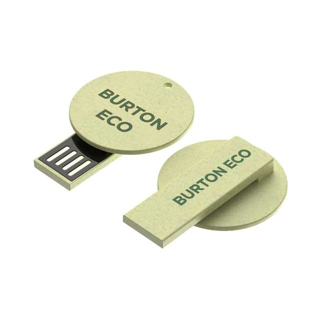 A light green circular flash drive with a sliding mechanism, featuring brand logos on both sides.