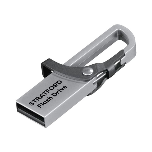 A silver Stratford flash drive with a clip for attachment, featuring a sleek design and branding.