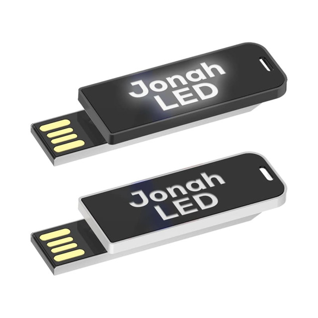 A black and silver Jonah LED clip flash drive featuring a glowing logo. It has a USB connector.