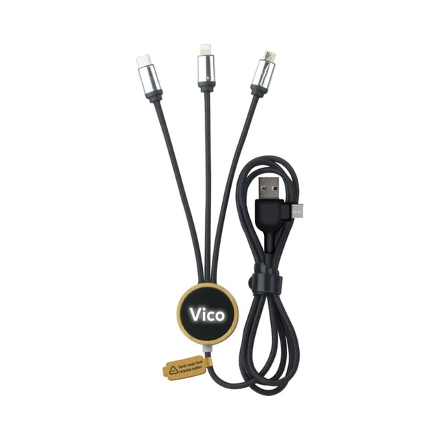 A black Vico LED charge cable with multiple connectors, featuring a circular base and a logo.