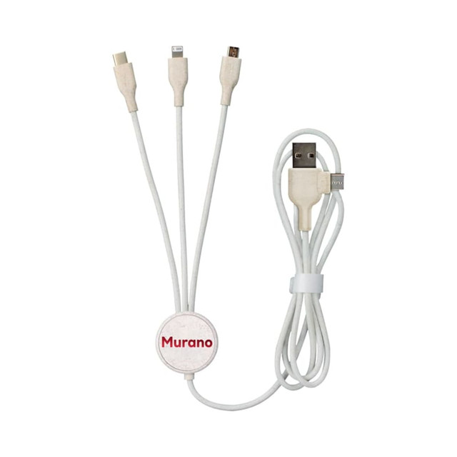 A white Murano charge cable featuring multiple connectors: USB, Lightning, and micro USB, with a circular branding tag.