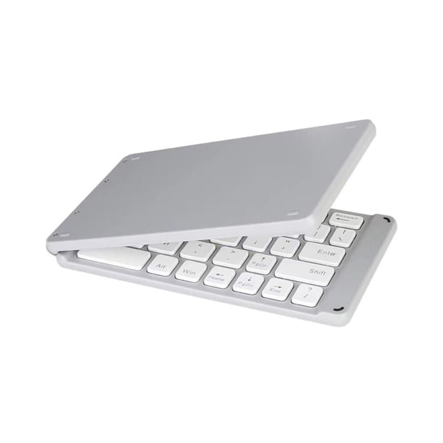 A grey foldable Bluetooth keyboard with white keys, featuring a sleek design and a logo on the surface.
