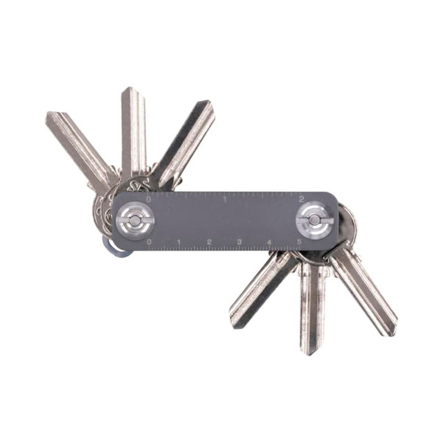 A metallic key organiser with multiple key slots and a measuring ruler, featuring a sleek design.