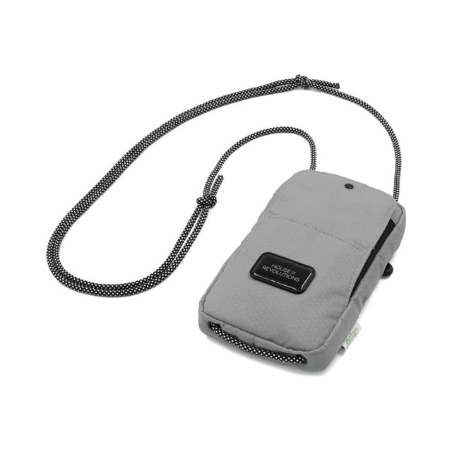 A grey eco-friendly bag with a black strap and a logo, designed for carrying small essentials.