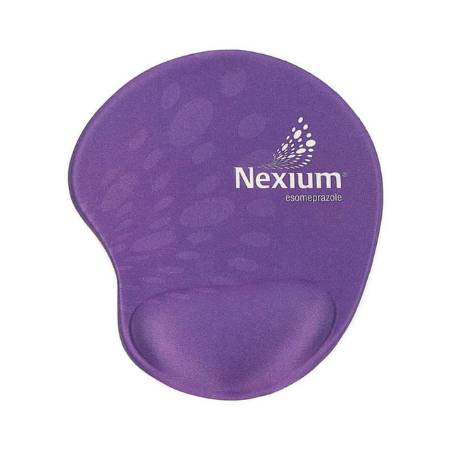 A purple gel mouse pad featuring a wrist support and a logo.