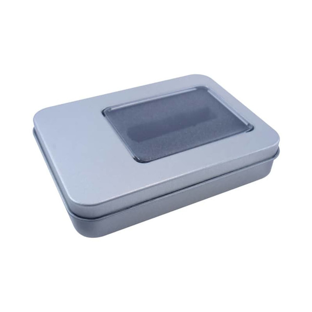 A silver tin container with a clear PVC window, designed for pen packaging.
