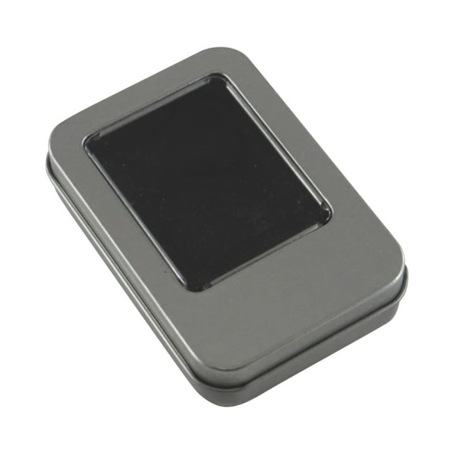 A grey tin with a PVC window, designed for packaging pens. The tin has a sleek, rectangular shape.