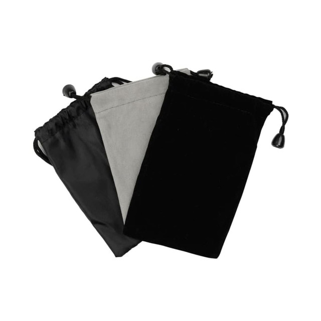 A set of three drawstring pouches in black, grey, and a lighter shade, each featuring a toggled drawstring closure.