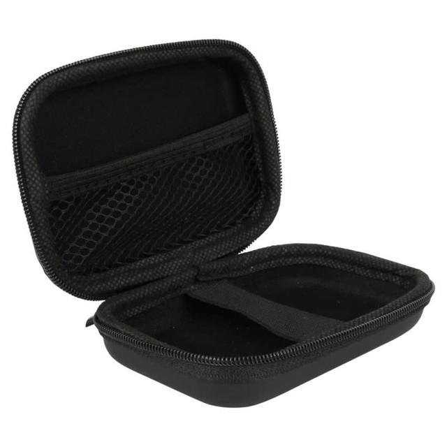 A black zippered case with a mesh pocket and a strap inside, designed for storage.