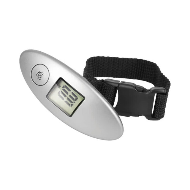 A silver travel scale with a digital display and a black strap for easy handling.