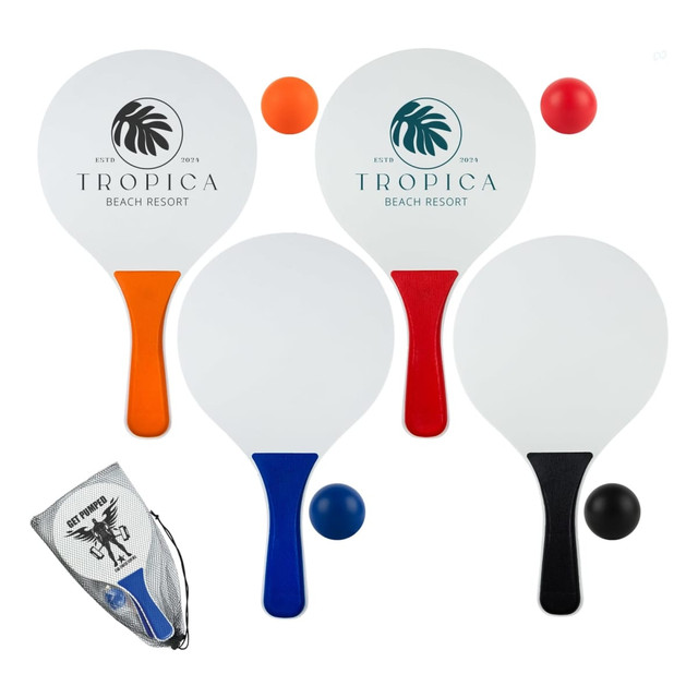 Four paddles in white with various coloured handles (orange, blue, black) and two balls, all stored in a grey pouch with a logo.