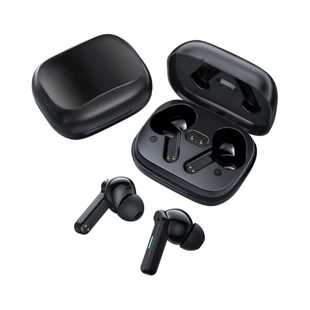 Black Linz Eco TWS earbuds displayed in their charging case, featuring a compact design with a glossy finish.