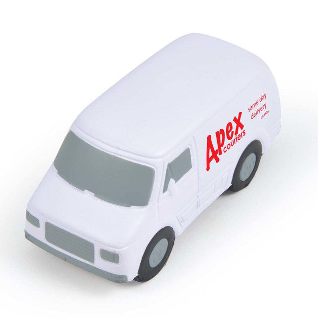A white stress reliever in the shape of a transit van, featuring the text "Apex Couriers" and "same day delivery."