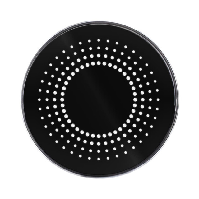 A round black wireless charger with a dotted design in the centre, featuring a shiny, smooth surface.